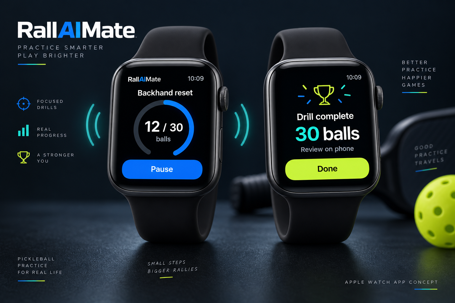 RallAIMate Apple Watch app concept with a backhand reset drill, 12 of 30 balls, a pause control and a completed-session summary