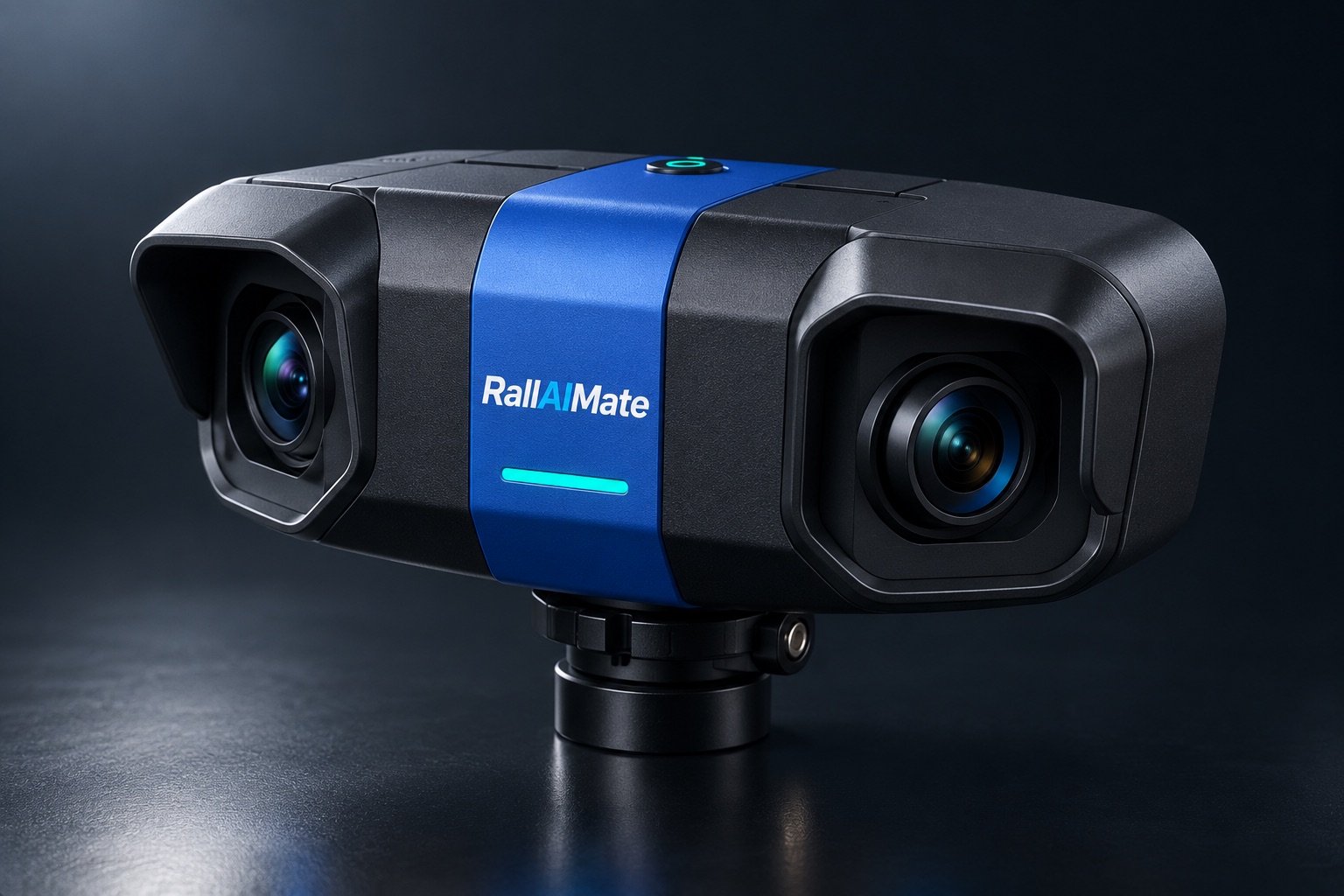 RallAIMate Court Pod concept render: graphite body, cobalt band with wordmark, two hooded lenses, quick-release base