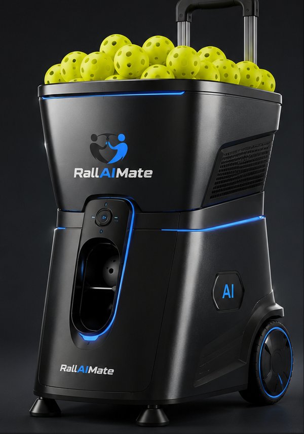 RallAIMate machine concept with black enclosure, blue trim and pickleball hopper
