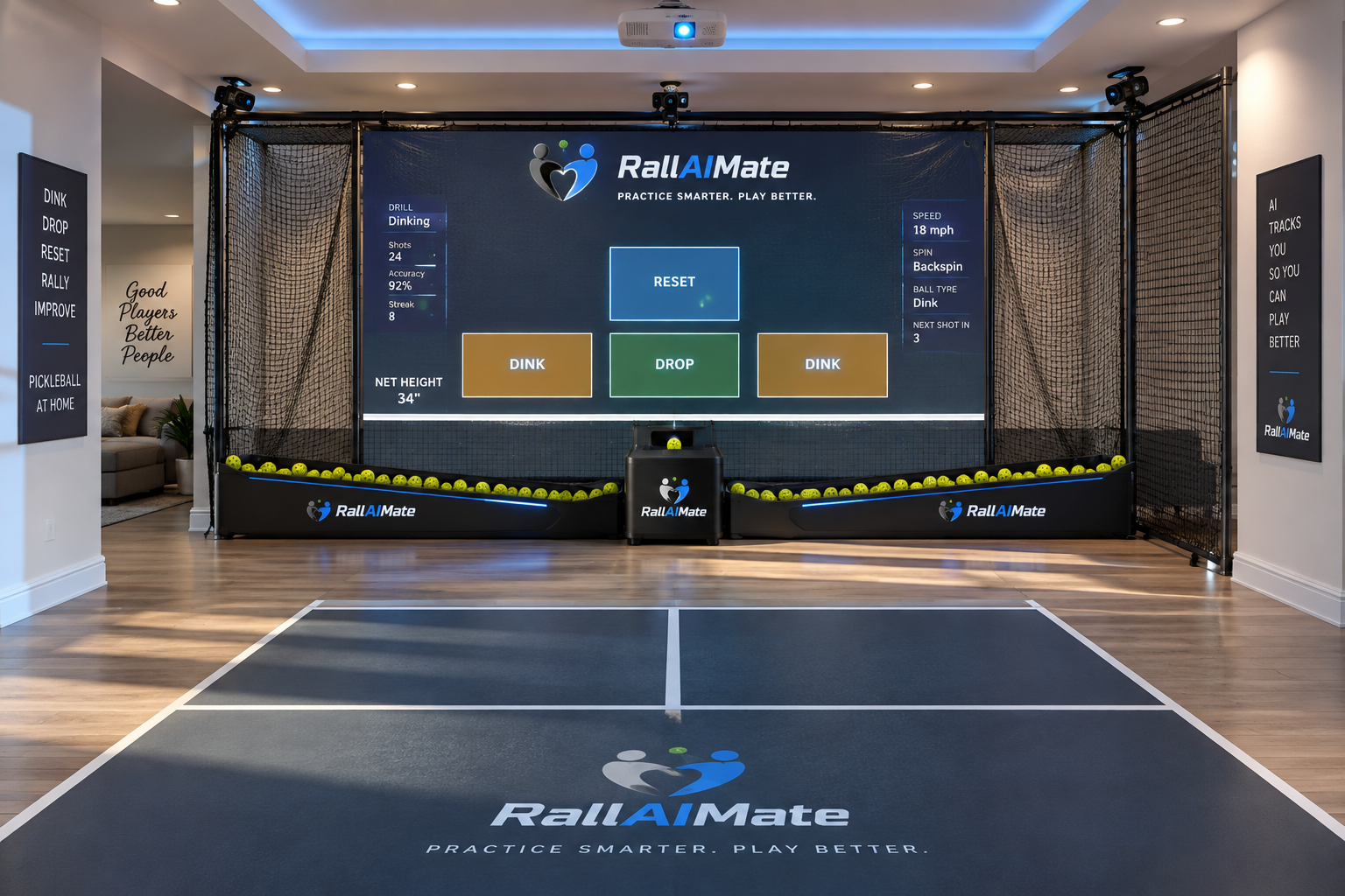 Concept rendering of the RallAIMate lab with impact screen, projected targets, camera mounts, ball machine and return troughs